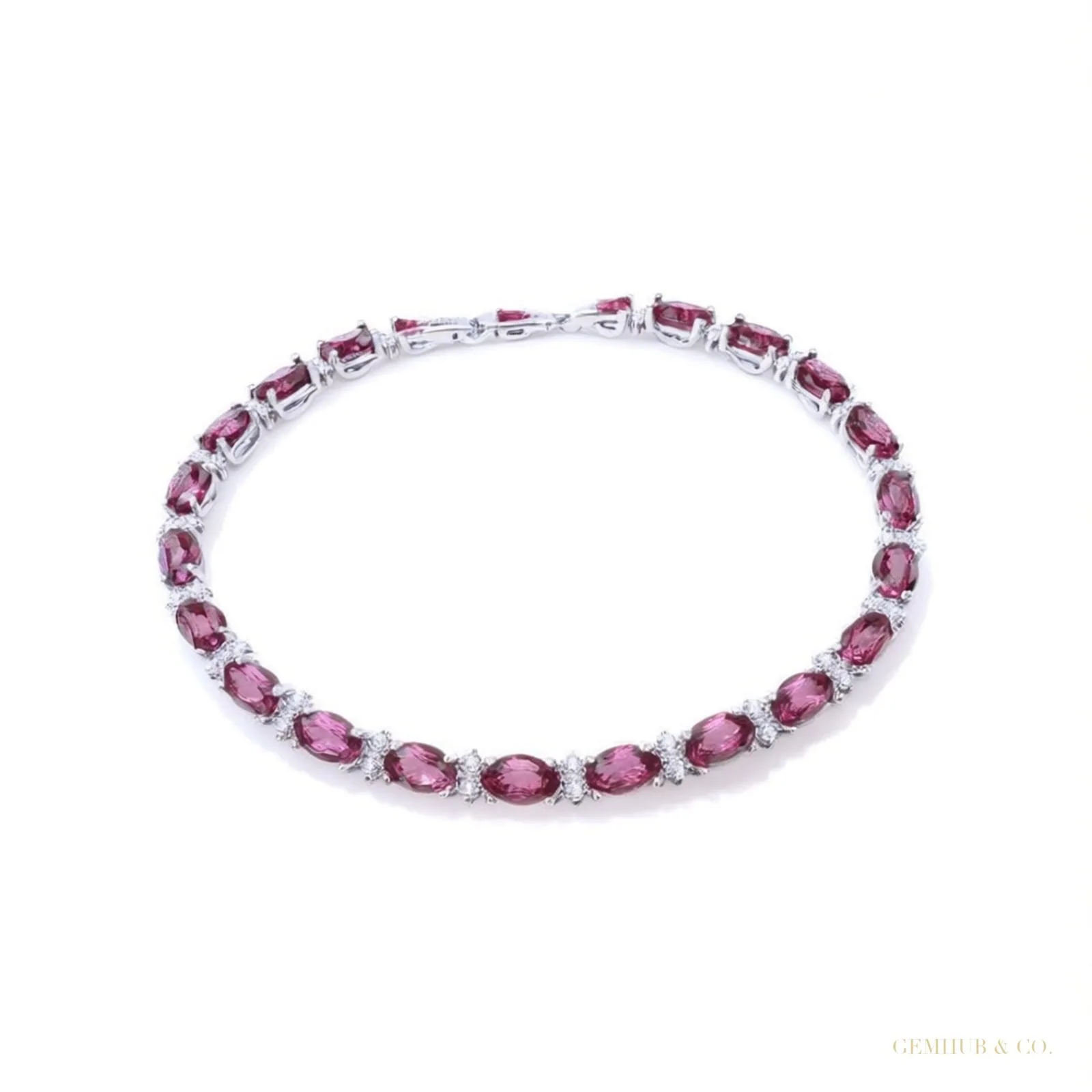 Natural Oval Cut Red Ruby & Round Diamond 14k White Gold Wedding Tennis Bracelet
