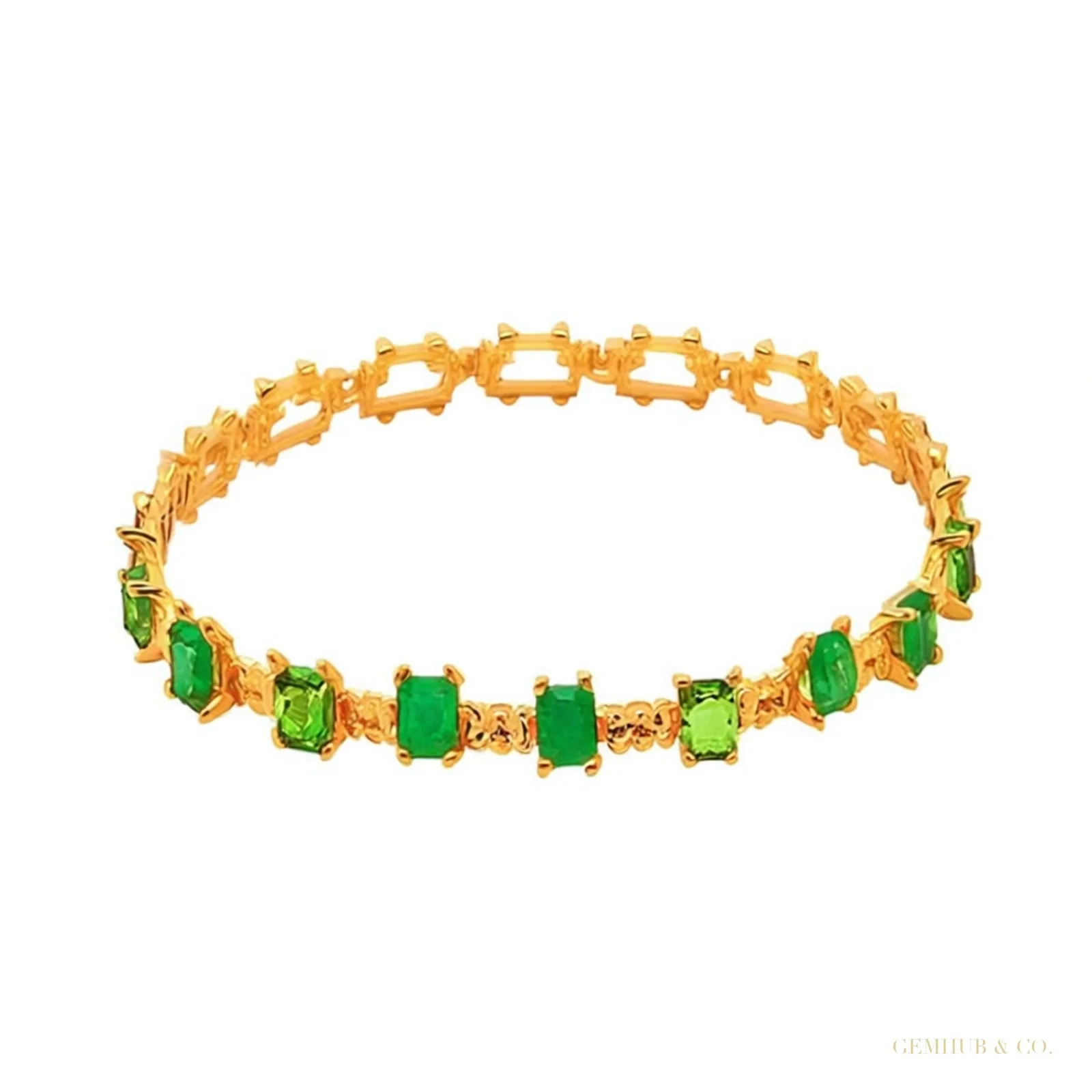 Natural Green Emerald & Diamond Women’s Tennis Bracelet Solid 14k Yellow Gold