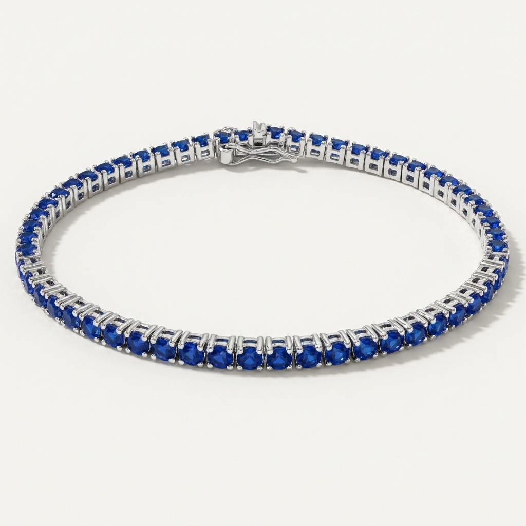 Certified 4.40Ct Round Cut Natural Blue Sapphire Tennis Bracelet 14K Gold