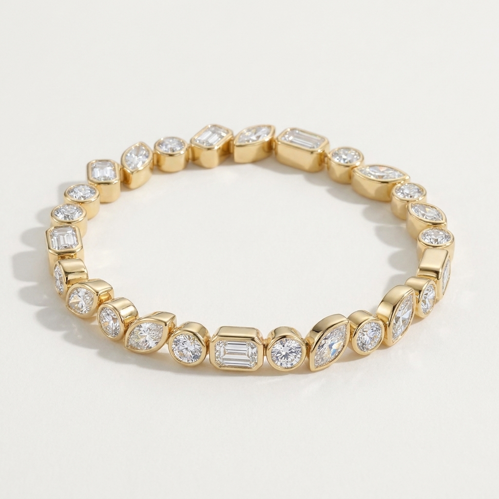Multi Shapes Lab-Grown Diamond Bezel Set Tennis Bracelet 14k Yellow Gold