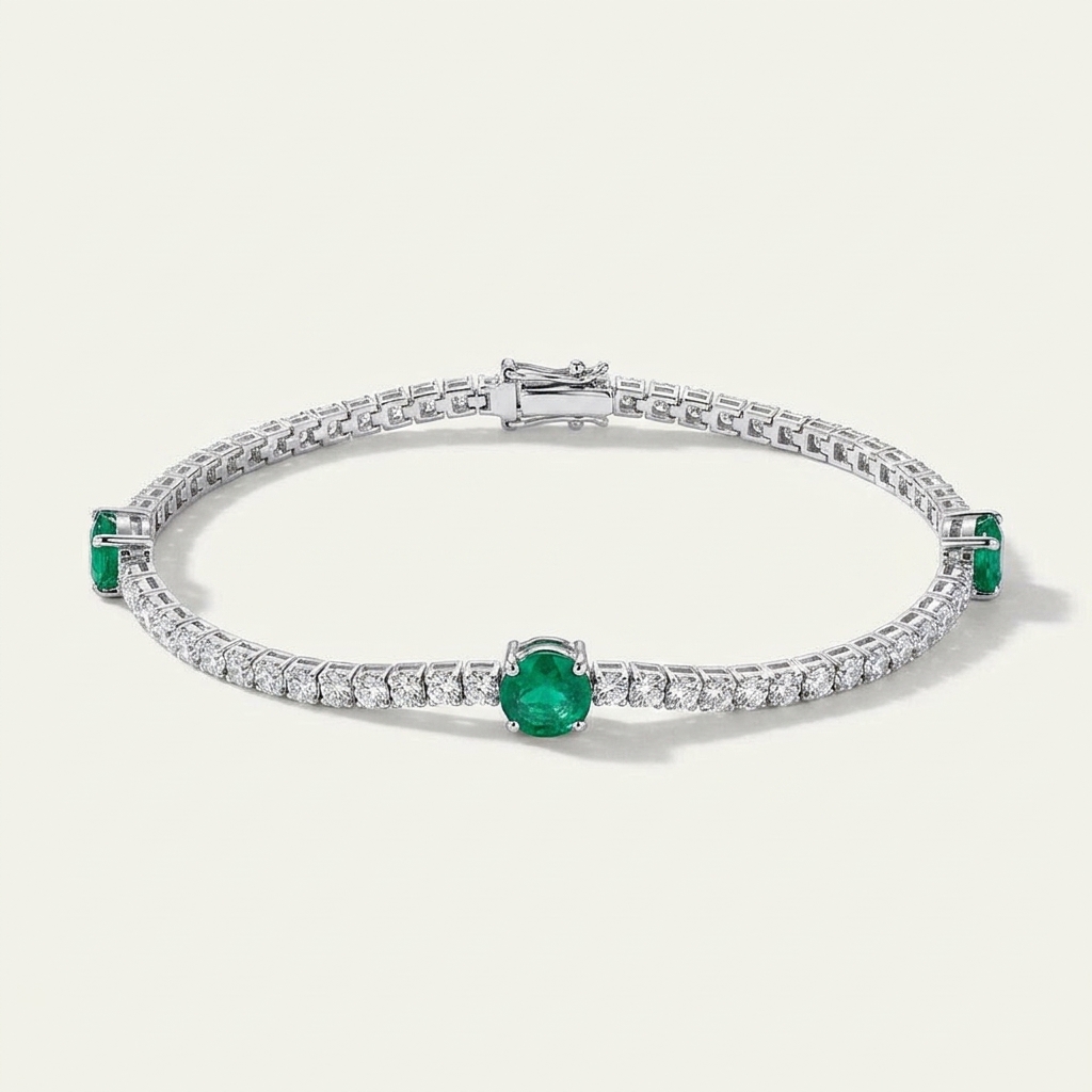 Diamond and Green Emerald Tennis Bracelet 14k Gold